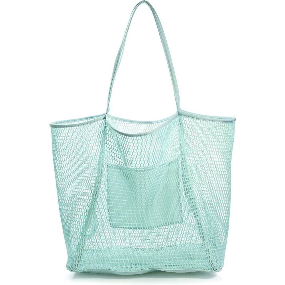 Women's Ice Blue Mesh Beach Nylon & Polyester No-closure Tote Shoulder Handbag